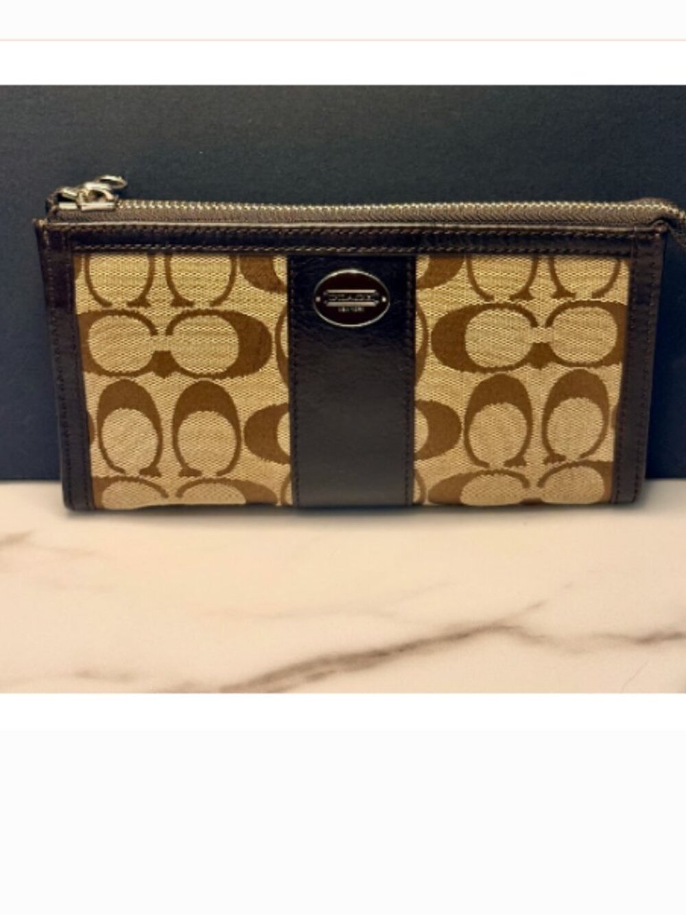 Coach Signature Canvas Double Zip Pouch Wallet Brown